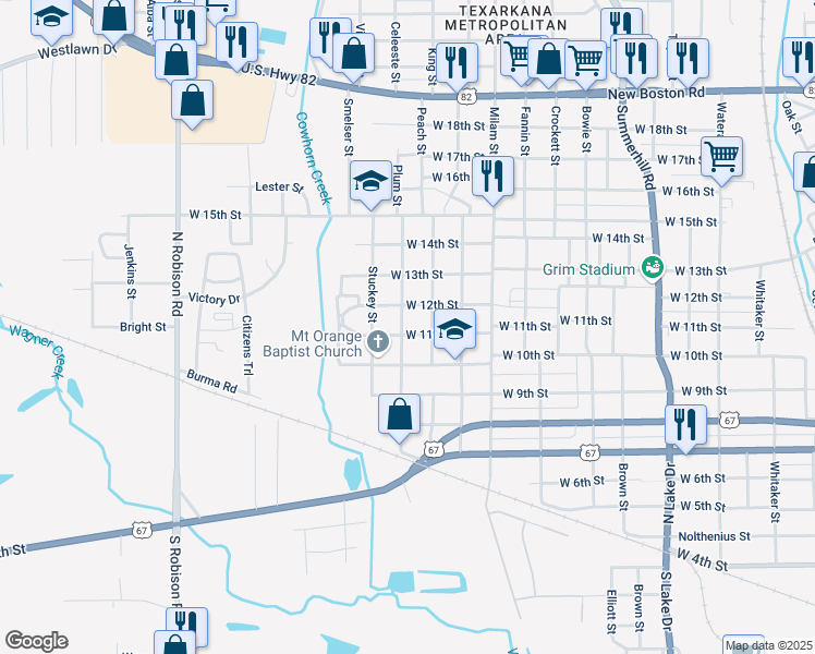 map of restaurants, bars, coffee shops, grocery stores, and more near 2406 West 11th Street in Texarkana