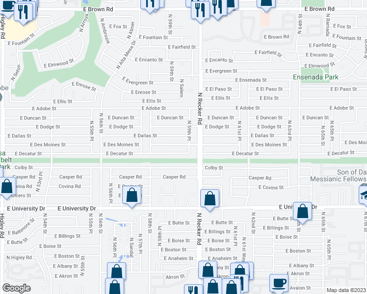map of restaurants, bars, coffee shops, grocery stores, and more near 5921 East Des Moines Street in Mesa