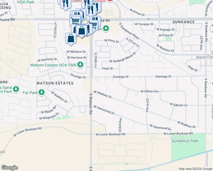 map of restaurants, bars, coffee shops, grocery stores, and more near 23406 West Watkins Street in Buckeye