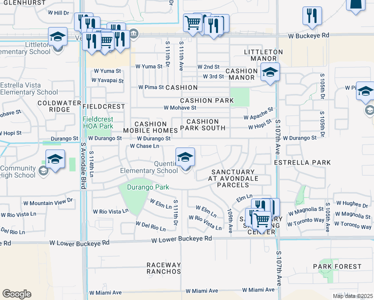 map of restaurants, bars, coffee shops, grocery stores, and more near 10953 West Chase Lane in Avondale