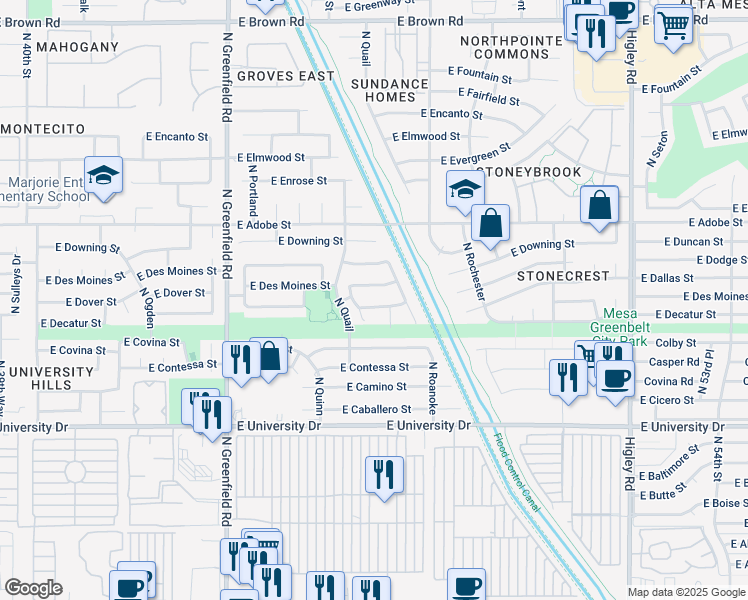 map of restaurants, bars, coffee shops, grocery stores, and more near 4641 East Des Moines Street in Mesa