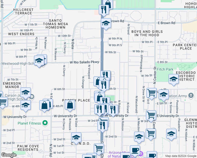 map of restaurants, bars, coffee shops, grocery stores, and more near 636 North Country Club Drive in Mesa