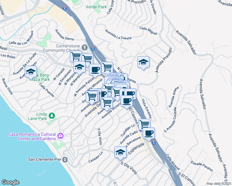 map of restaurants, bars, coffee shops, grocery stores, and more near in San Clemente