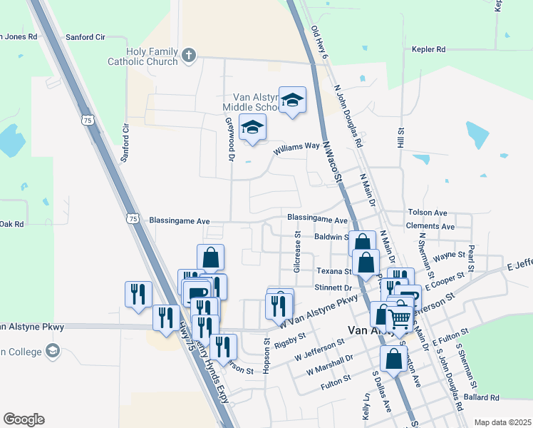 map of restaurants, bars, coffee shops, grocery stores, and more near 517 Vawter Drive in Van Alstyne
