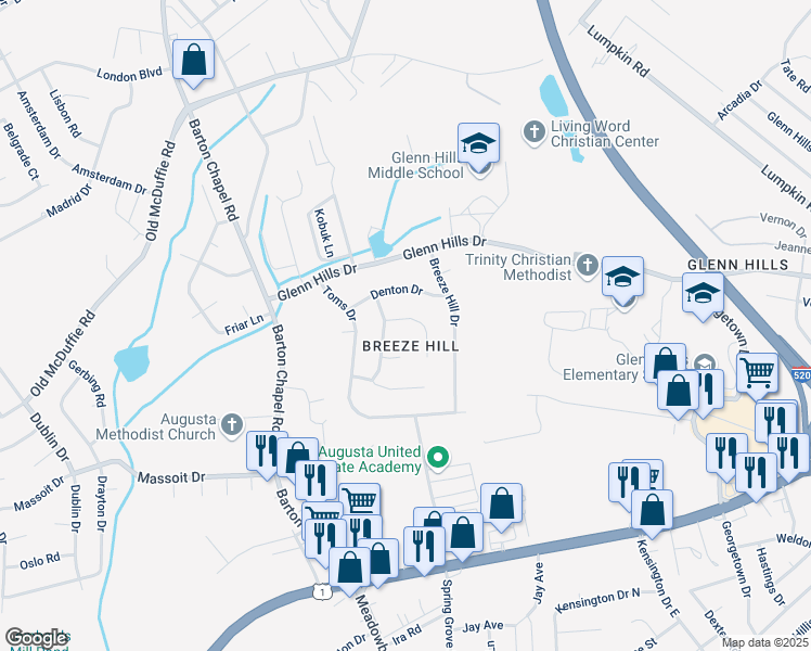 map of restaurants, bars, coffee shops, grocery stores, and more near 2506 Lennys Drive in Augusta