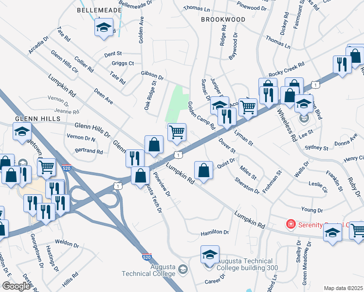 map of restaurants, bars, coffee shops, grocery stores, and more near 3085 Deans Bridge Road in Augusta
