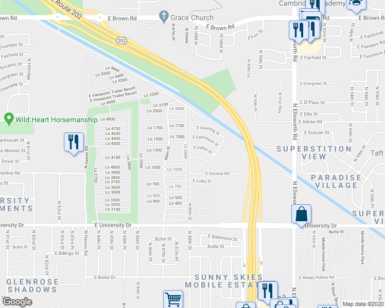 map of restaurants, bars, coffee shops, grocery stores, and more near 8808 East Des Moines Street in Mesa