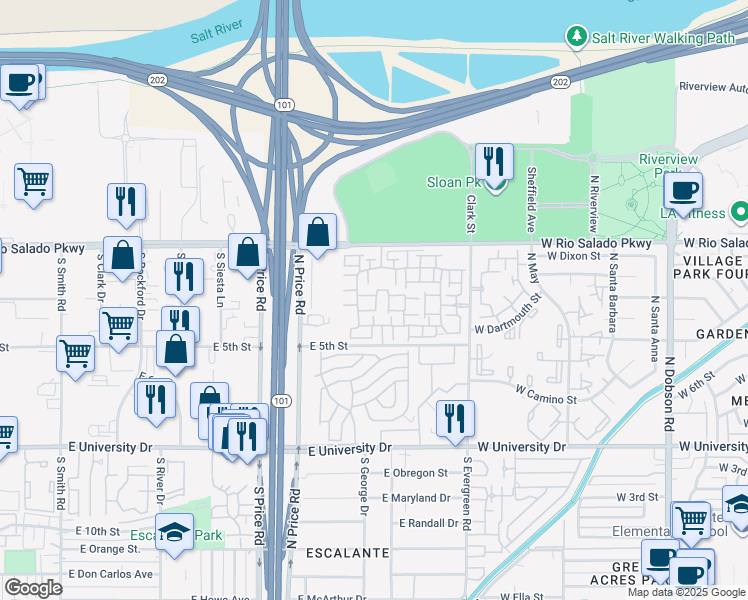 map of restaurants, bars, coffee shops, grocery stores, and more near 2402 East 5th Street in Tempe