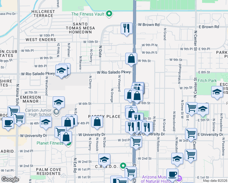 map of restaurants, bars, coffee shops, grocery stores, and more near 649 North Orange in Mesa