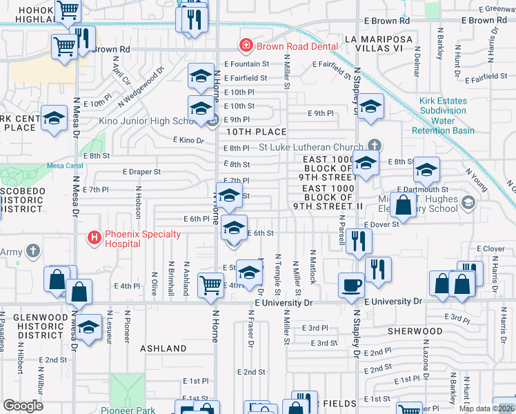 map of restaurants, bars, coffee shops, grocery stores, and more near 914 East 6th Place in Mesa
