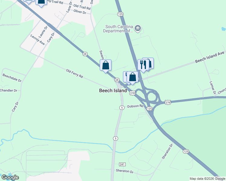 map of restaurants, bars, coffee shops, grocery stores, and more near 2027 Siesta Lane in Beech Island
