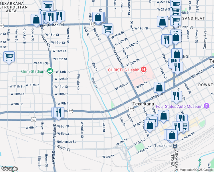 map of restaurants, bars, coffee shops, grocery stores, and more near 1024 Elm Street in Texarkana