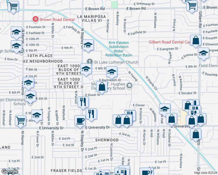 map of restaurants, bars, coffee shops, grocery stores, and more near 641 North Dawn Circle in Mesa