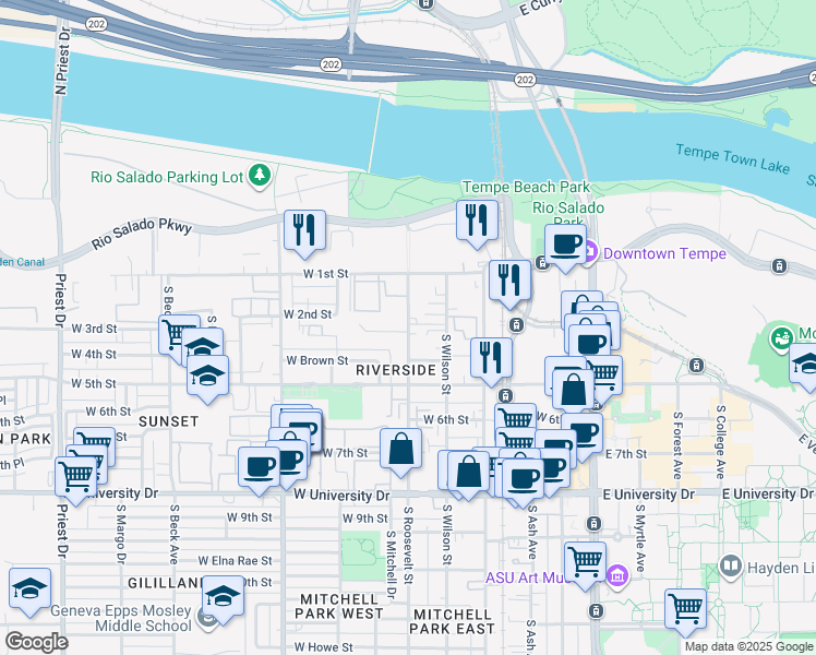 map of restaurants, bars, coffee shops, grocery stores, and more near 612 West 3rd Street in Tempe