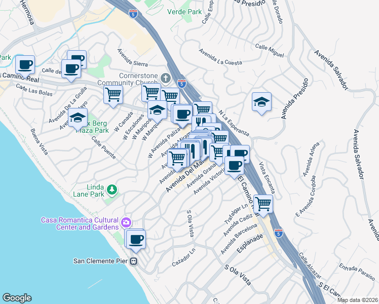 map of restaurants, bars, coffee shops, grocery stores, and more near 147 Avenida Serra in San Clemente