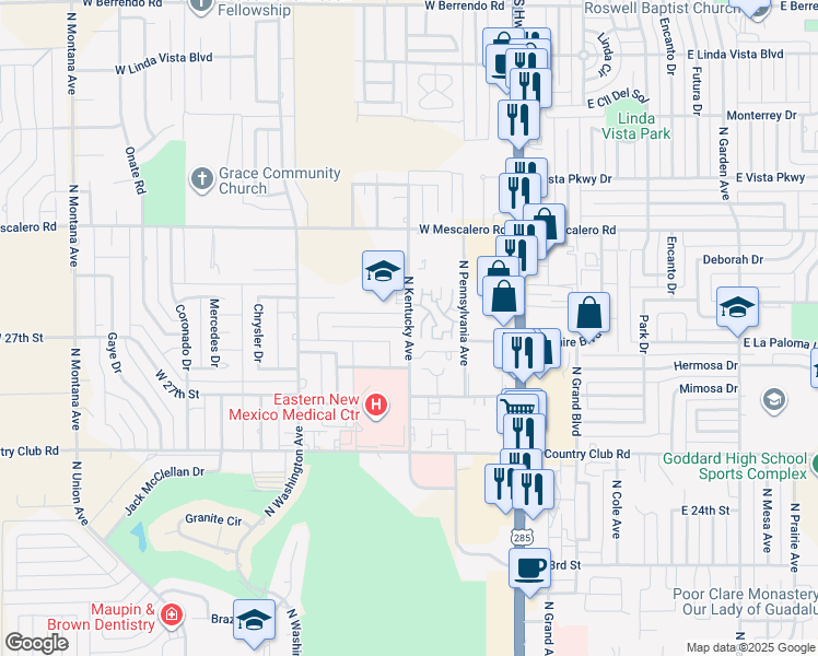 map of restaurants, bars, coffee shops, grocery stores, and more near 2642 North Kentucky Avenue in Roswell