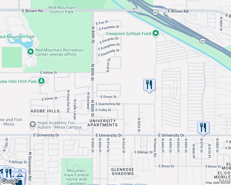 map of restaurants, bars, coffee shops, grocery stores, and more near 8123 East Des Moines Street in Mesa