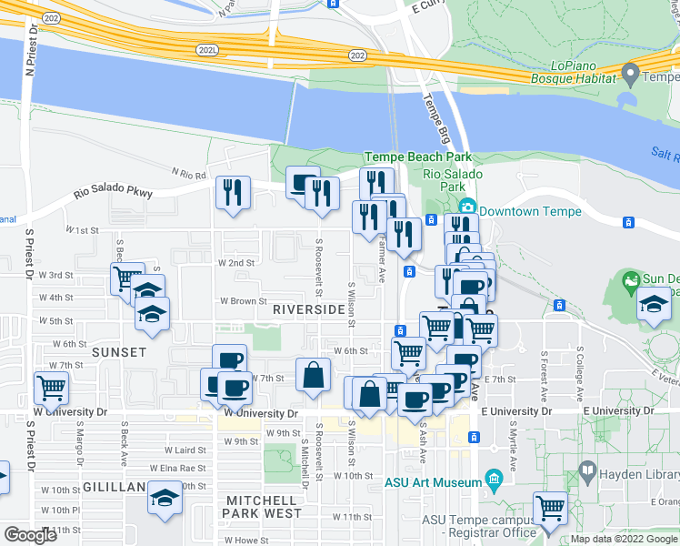 map of restaurants, bars, coffee shops, grocery stores, and more near 264 South Wilson Street in Tempe