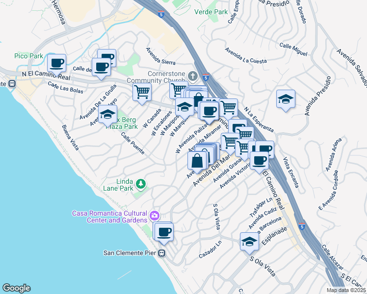 map of restaurants, bars, coffee shops, grocery stores, and more near 221 West Avenida Palizada in San Clemente