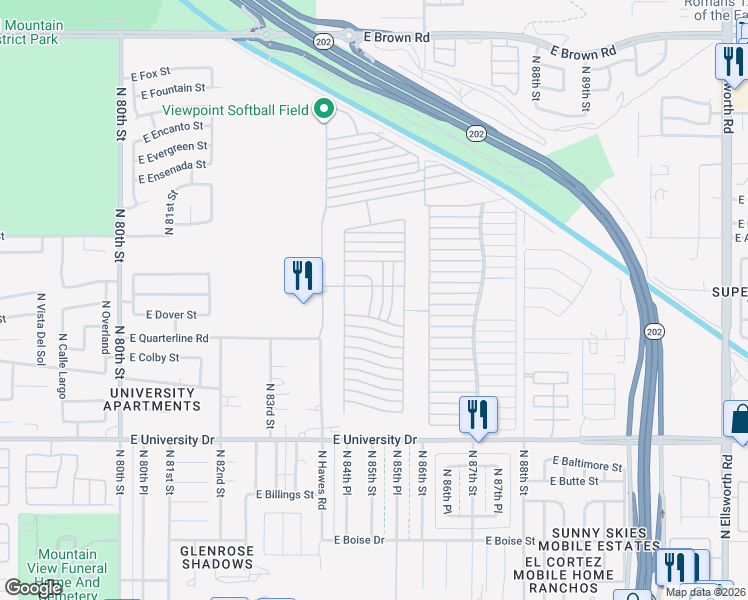 map of restaurants, bars, coffee shops, grocery stores, and more near Ln 4100 in Mesa