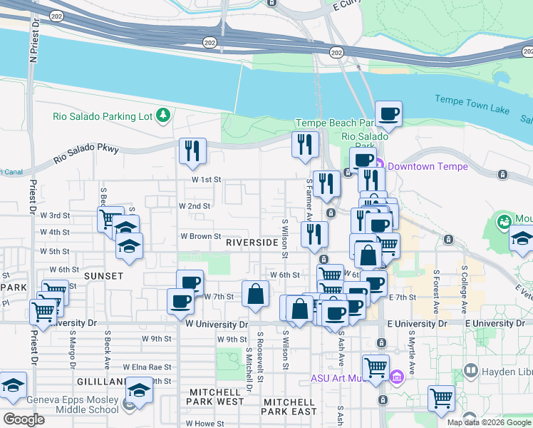 map of restaurants, bars, coffee shops, grocery stores, and more near 233 South Roosevelt Street in Tempe