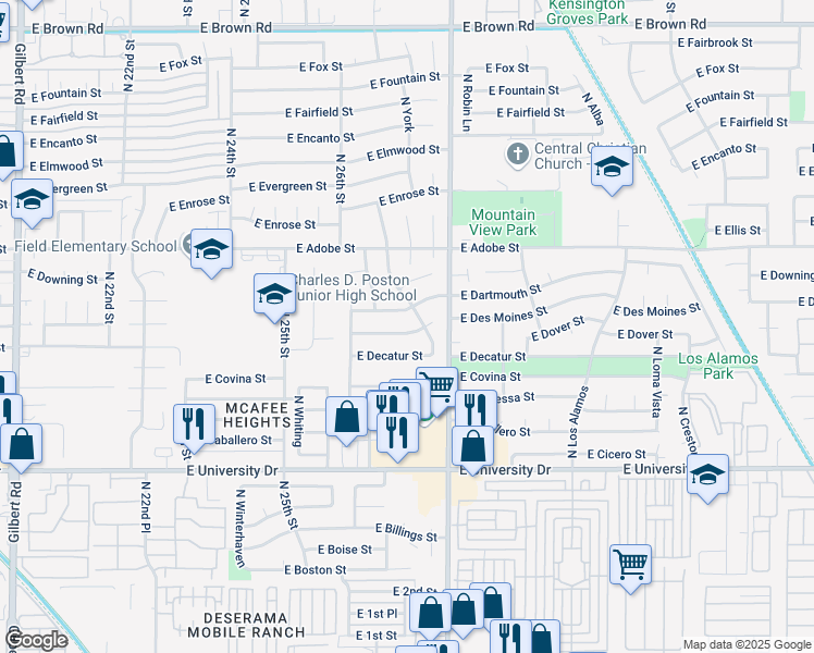 map of restaurants, bars, coffee shops, grocery stores, and more near 642 North Yale in Mesa
