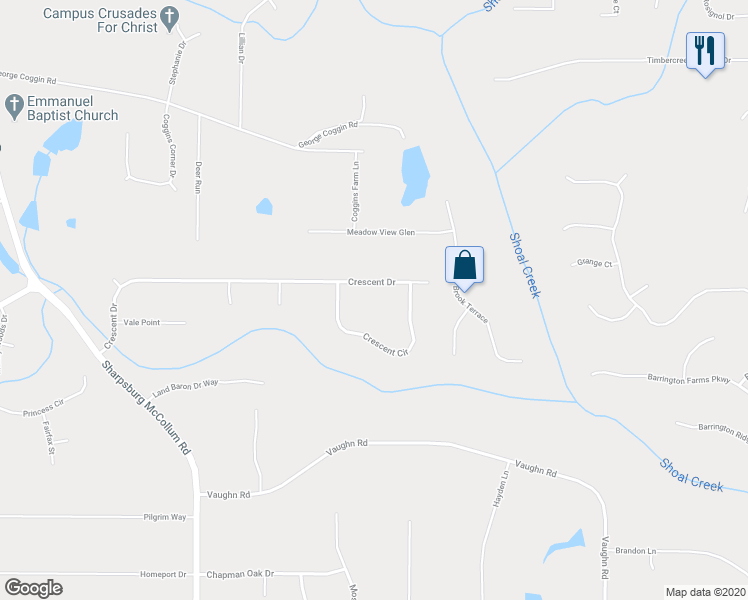 map of restaurants, bars, coffee shops, grocery stores, and more near 170 Crescent Circle in Newnan