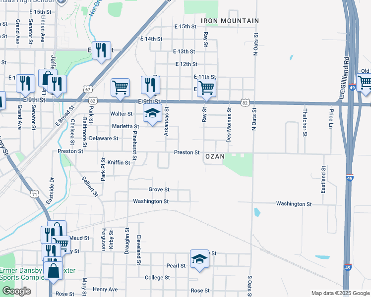 map of restaurants, bars, coffee shops, grocery stores, and more near 2311 Preston Street in Texarkana