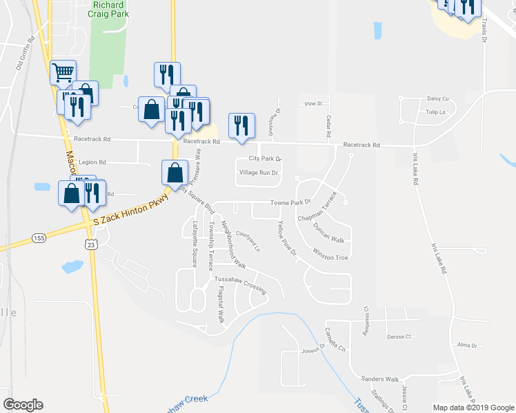 map of restaurants, bars, coffee shops, grocery stores, and more near 1955 Towne Park Dr in McDonough