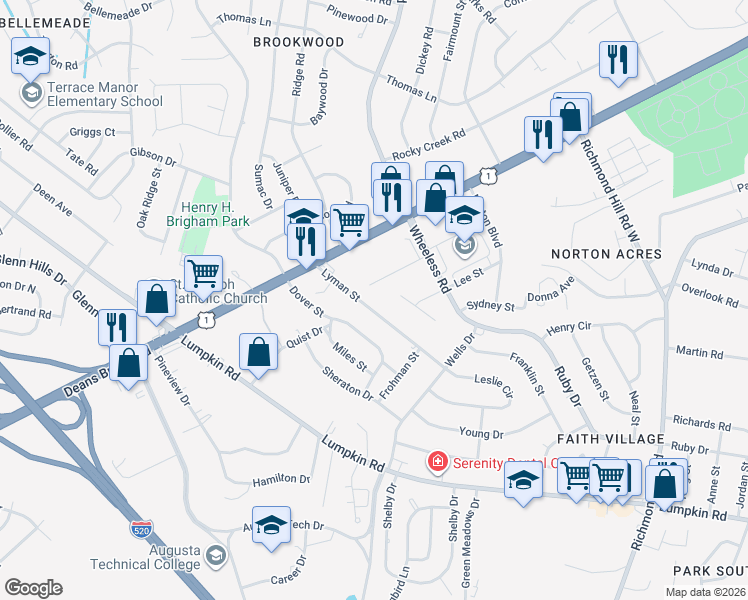 map of restaurants, bars, coffee shops, grocery stores, and more near 2553 Lyman Street in Augusta