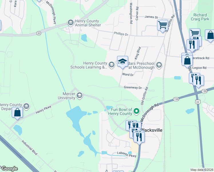 map of restaurants, bars, coffee shops, grocery stores, and more near 170 Greenway Drive in McDonough