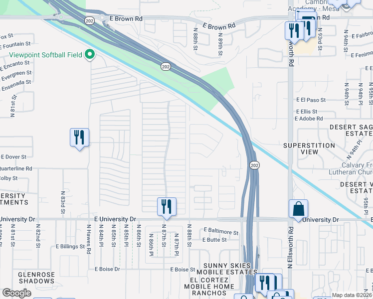 map of restaurants, bars, coffee shops, grocery stores, and more near 8700 East University Drive in Mesa