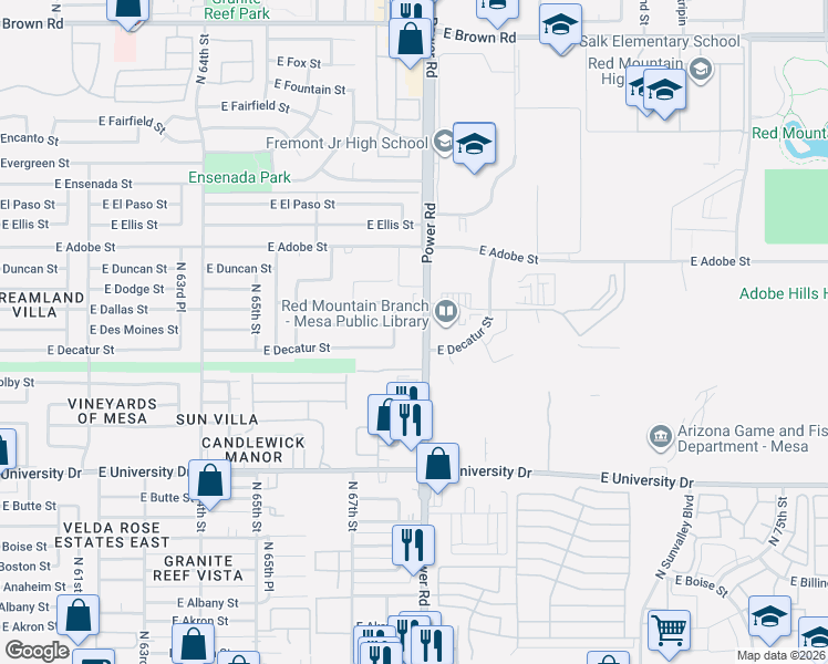 map of restaurants, bars, coffee shops, grocery stores, and more near 635 North 67th Place in Mesa