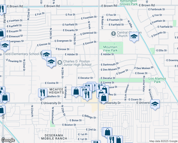 map of restaurants, bars, coffee shops, grocery stores, and more near 642 North Yale in Mesa