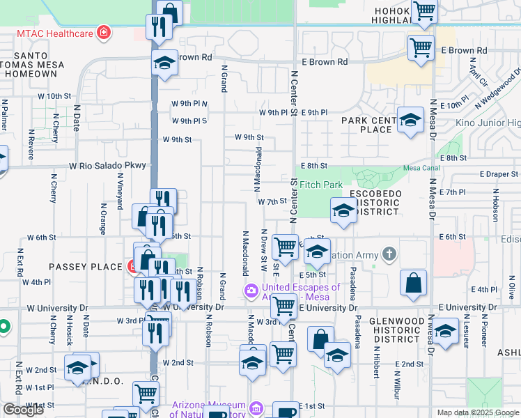 map of restaurants, bars, coffee shops, grocery stores, and more near 651 North Macdonald in Mesa