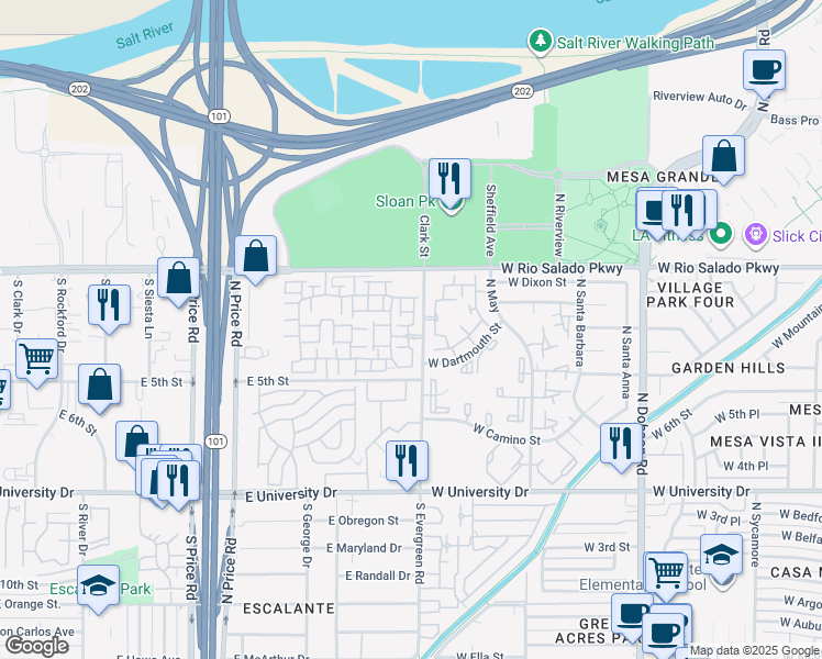 map of restaurants, bars, coffee shops, grocery stores, and more near 280 South Evergreen Road in Tempe