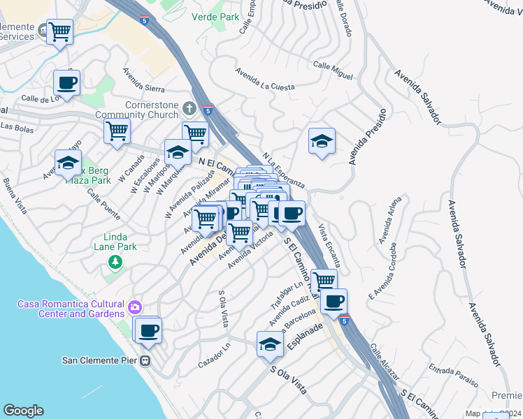 map of restaurants, bars, coffee shops, grocery stores, and more near in San Clemente