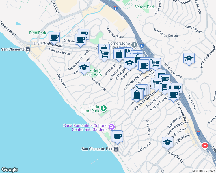 map of restaurants, bars, coffee shops, grocery stores, and more near 155 West Escalones in San Clemente