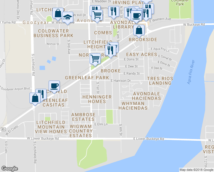 map of restaurants, bars, coffee shops, grocery stores, and more near 719 South 2nd Street in Avondale