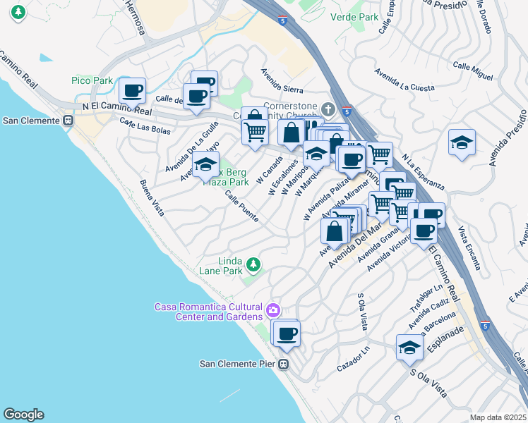 map of restaurants, bars, coffee shops, grocery stores, and more near 155 West Escalones in San Clemente