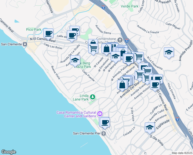 map of restaurants, bars, coffee shops, grocery stores, and more near 155 West Escalones in San Clemente