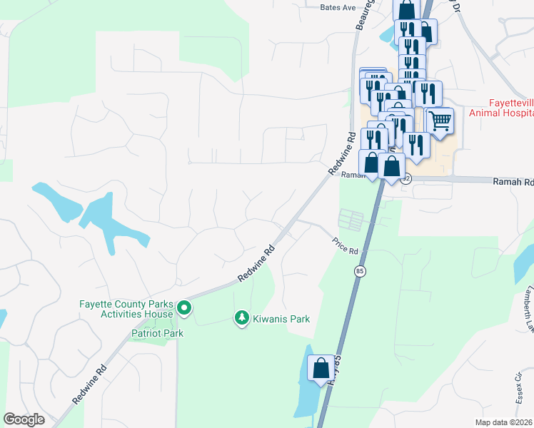 map of restaurants, bars, coffee shops, grocery stores, and more near 125 Lakemont Drive in Fayetteville