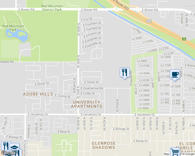 map of restaurants, bars, coffee shops, grocery stores, and more near 8123 East Des Moines Street in Mesa