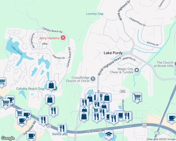 map of restaurants, bars, coffee shops, grocery stores, and more near 2122 Eagle Ridge Drive in Birmingham