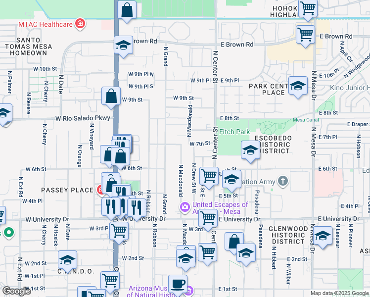 map of restaurants, bars, coffee shops, grocery stores, and more near 651 North MacDonald in Mesa