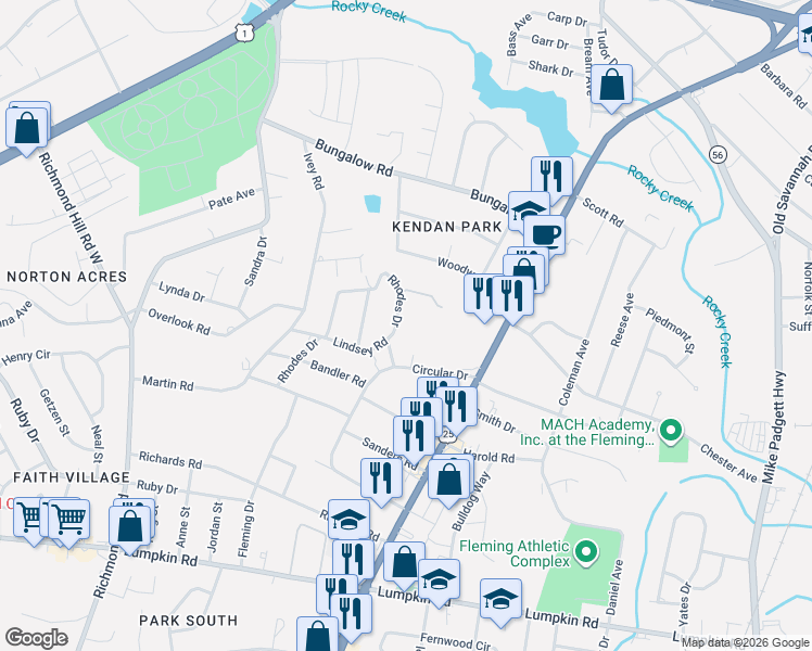 map of restaurants, bars, coffee shops, grocery stores, and more near 2518 Rhodes Drive in Augusta