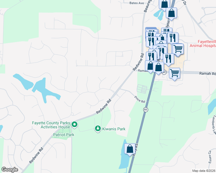 map of restaurants, bars, coffee shops, grocery stores, and more near 125 Lakemont Drive in Fayetteville