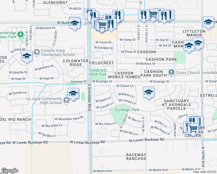 map of restaurants, bars, coffee shops, grocery stores, and more near 11351 West Chase Drive in Avondale