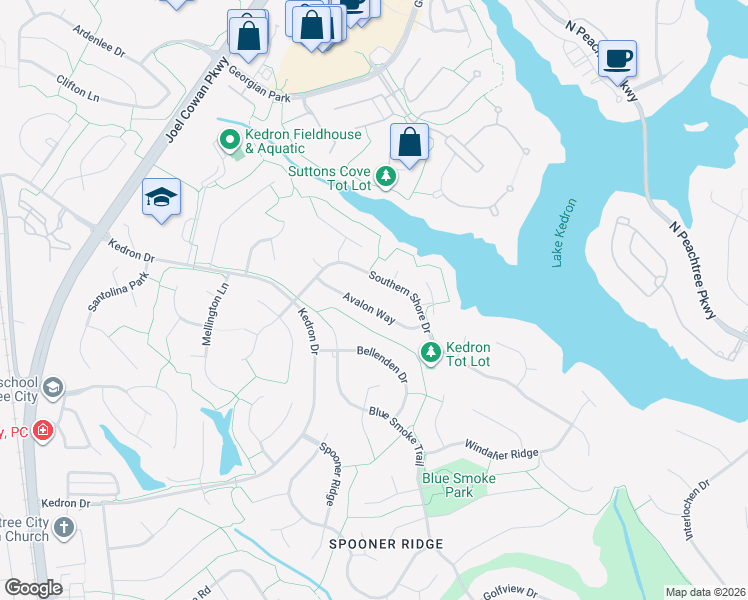 map of restaurants, bars, coffee shops, grocery stores, and more near 716 Avalon Way in Peachtree City