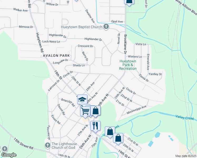 map of restaurants, bars, coffee shops, grocery stores, and more near 2109 29th Avenue in Hueytown
